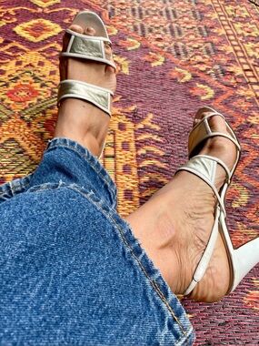 Vintage Manolo Blahnik White and Silver Strappy Leather Slingback Heels